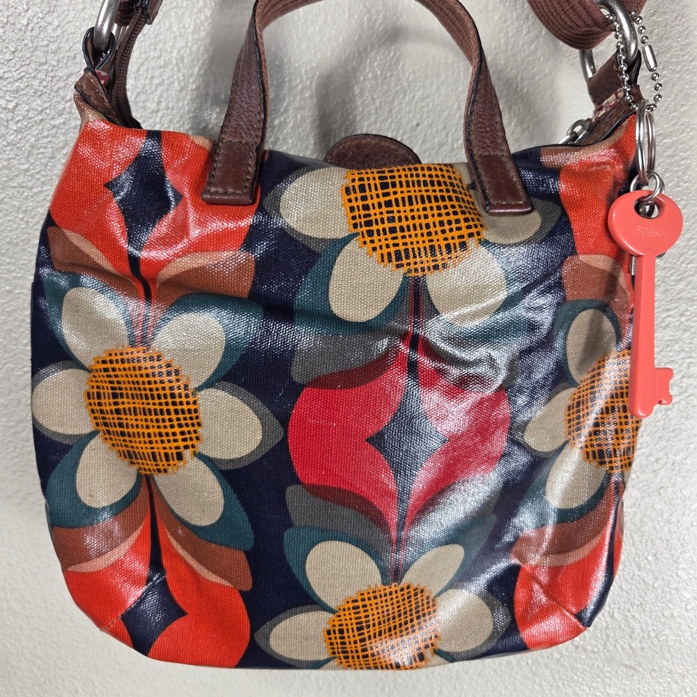 Fossil Key-Per Floral Coated Canvas Crossbody Satchel Bag Key Charm Y2K